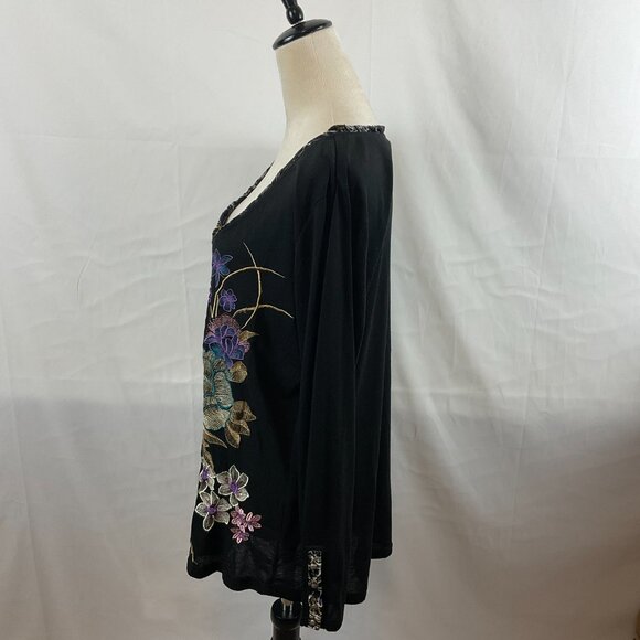 Aratta Silent Gourney Top XL Black Embroidered Purple Green Blue Floral - Picture 7 of 13